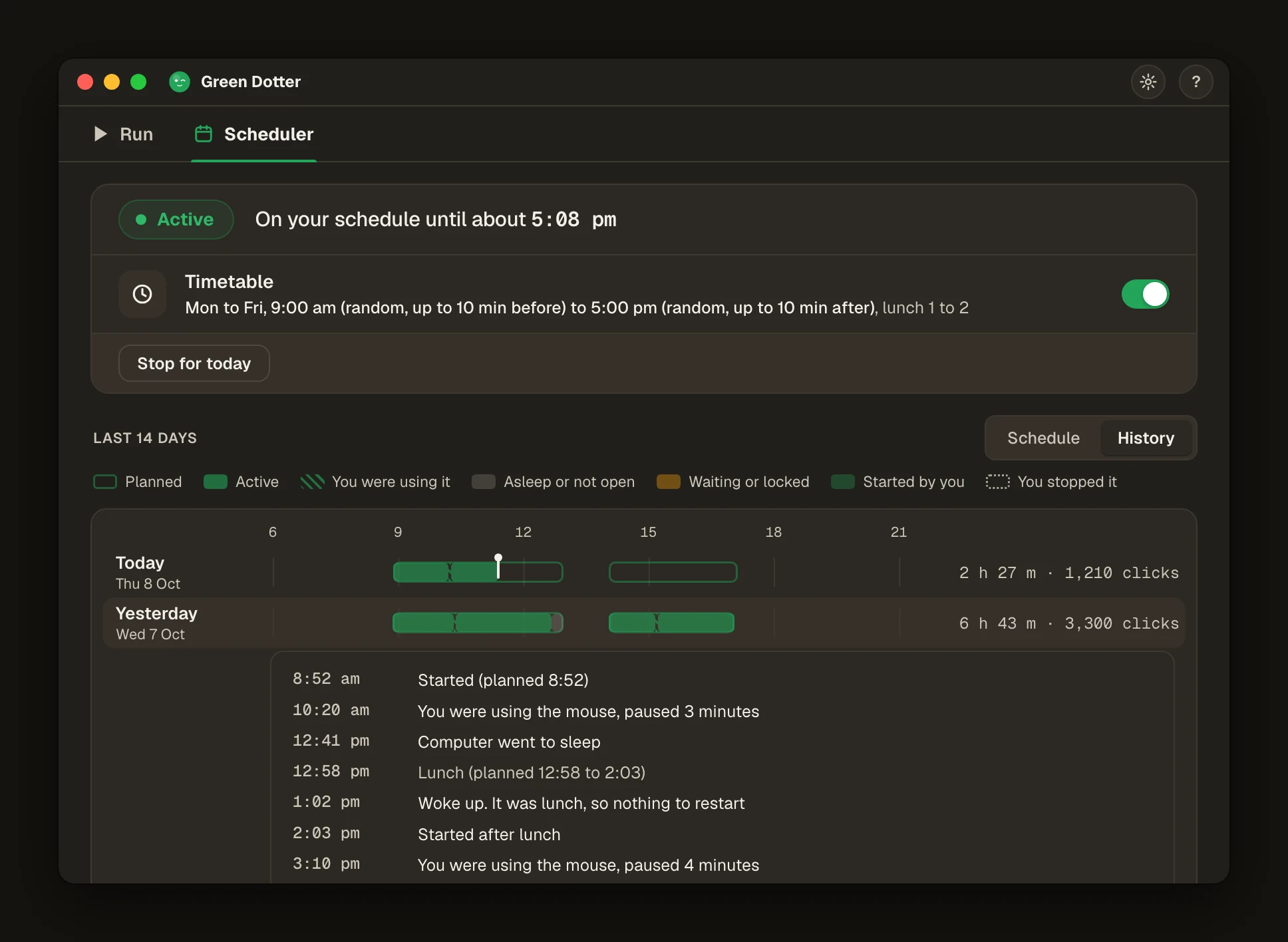 Green Dotter's Scheduler History view, dark theme: one row per day with the plan as an outline and what happened as green fill, a legend of named gaps, and yesterday's list with Computer went to sleep and You were using the mouse, paused 3 minutes