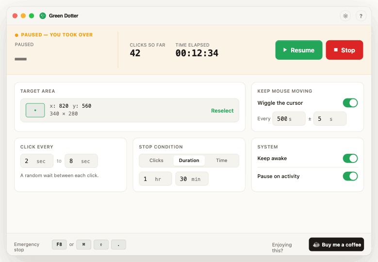 Green Dotter auto-paused — amber 'Paused, you took over' status bar with Resume and Stop