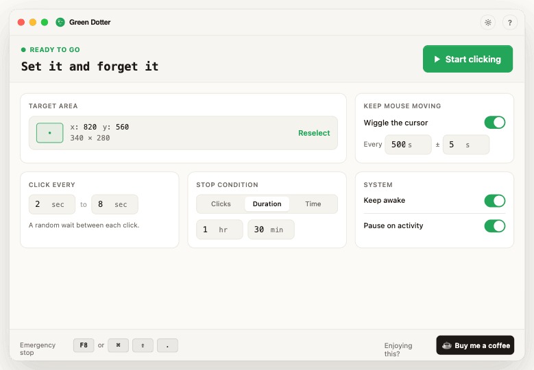 Green Dotter idle — Ready to go, with target area, click interval, wiggle, stop condition, and system cards