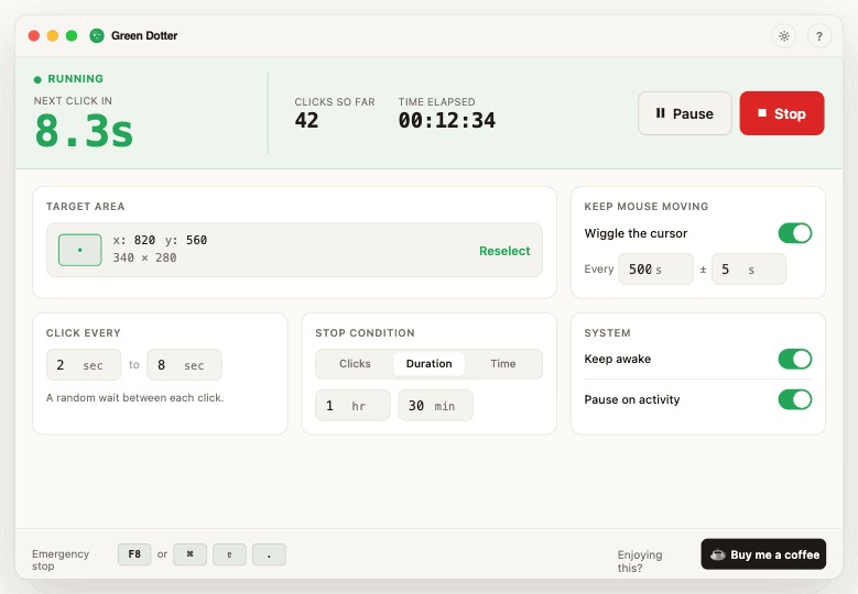 Green Dotter running — green status bar with live countdown, click count, and elapsed time across the top
