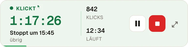 Die kompakte Leiste von Green Dotter beim Klicken: noch 1 Stunde 17 Minuten, Stopp um 15:45, bisher 842 Klicks, mit Pause- und Stopp-Schaltfläche.