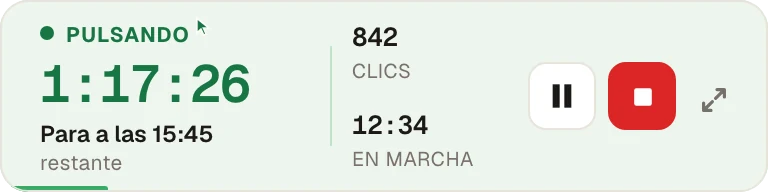 La barra compacta de Green Dotter mientras hace clic: quedan 1 hora y 17 minutos, para a las 15:45, 842 clics hasta ahora, con los botones Pausar y Parar.