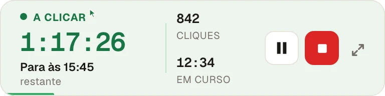 A barra compacta do Green Dotter a clicar: faltam 1 hora e 17 minutos, para às 15:45, 842 cliques até agora, com os botões de pausa e parar.