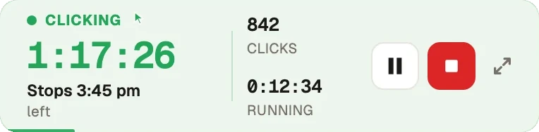 Green Dotter's compact bar while clicking: 1 hour 17 minutes left, stops at 3:45 pm, 842 clicks so far, with pause and stop buttons.