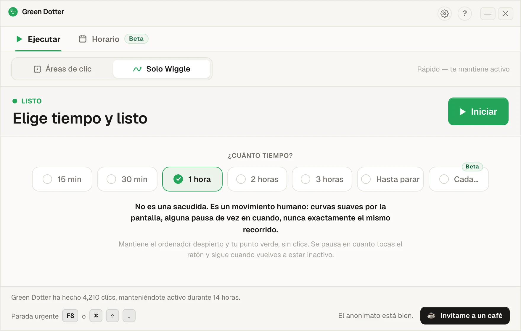 La pantalla principal de Green Dotter en «Solo Wiggle». Una fila de opciones ofrece «15 min», «30 min», «1 hora», «2 horas», «3 horas», «Hasta parar» y «Cada…», con «1 hora» elegida, y un botón verde Iniciar.