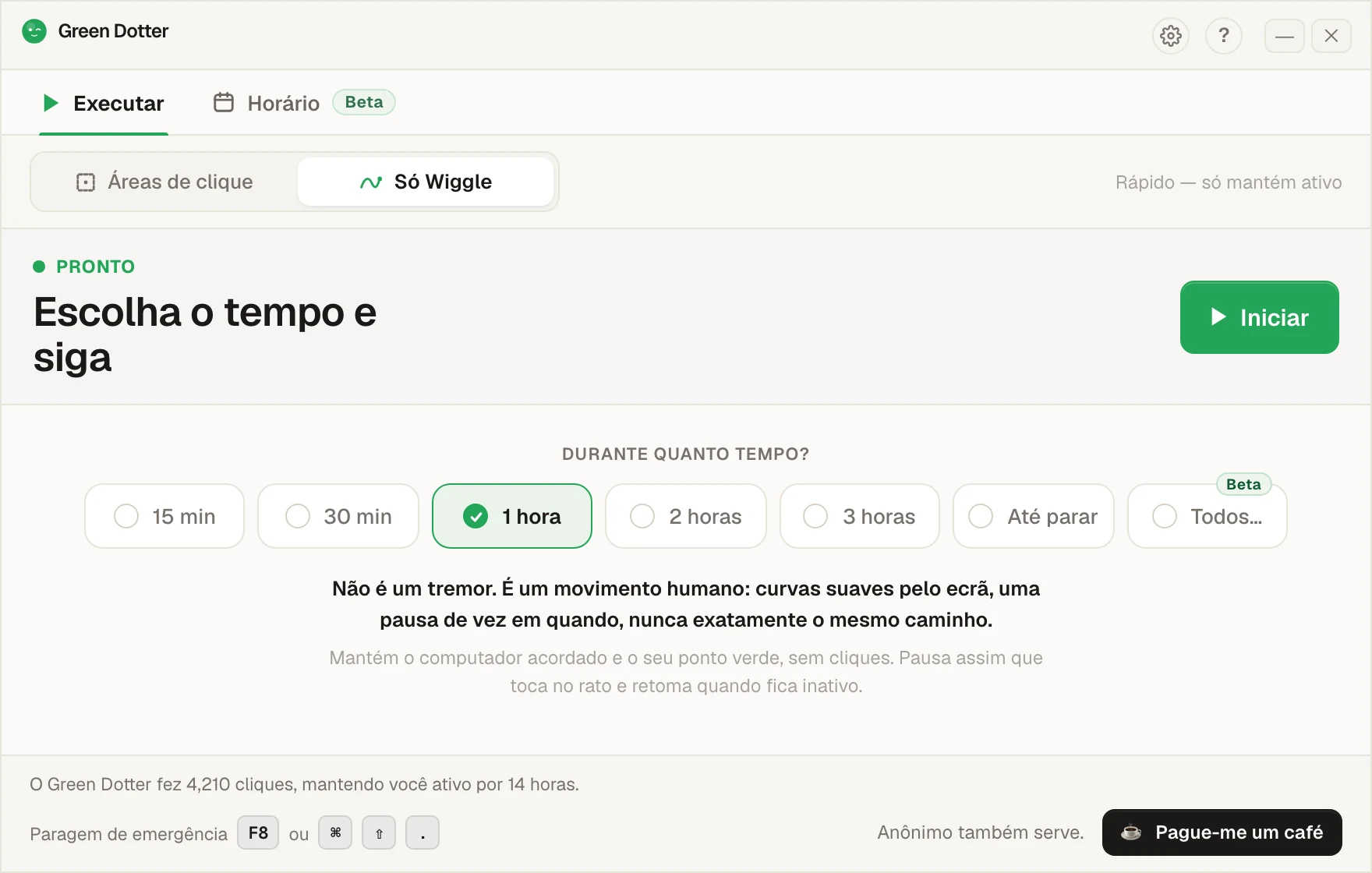 O ecrã principal do Green Dotter em «Só Wiggle». Uma fila de opções oferece «15 min», «30 min», «1 hora», «2 horas», «3 horas», «Até parar» e «Todos…», com «1 hora» escolhida, e um botão verde Iniciar.