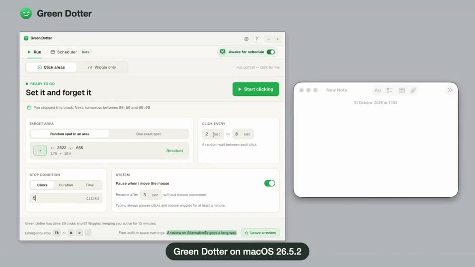 Green Dotter ready to start on a Mac, next to an empty note