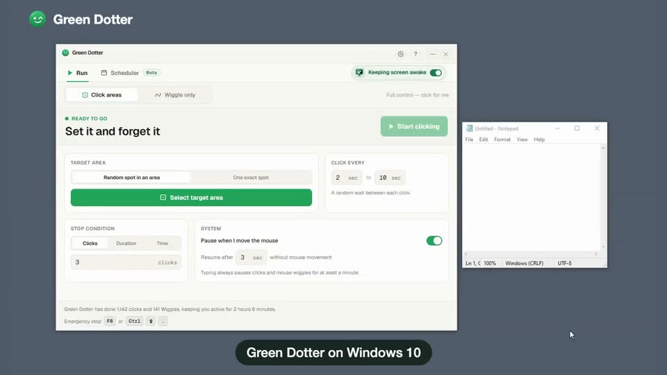Green Dotter ready to start on Windows 10, next to an empty Notepad window