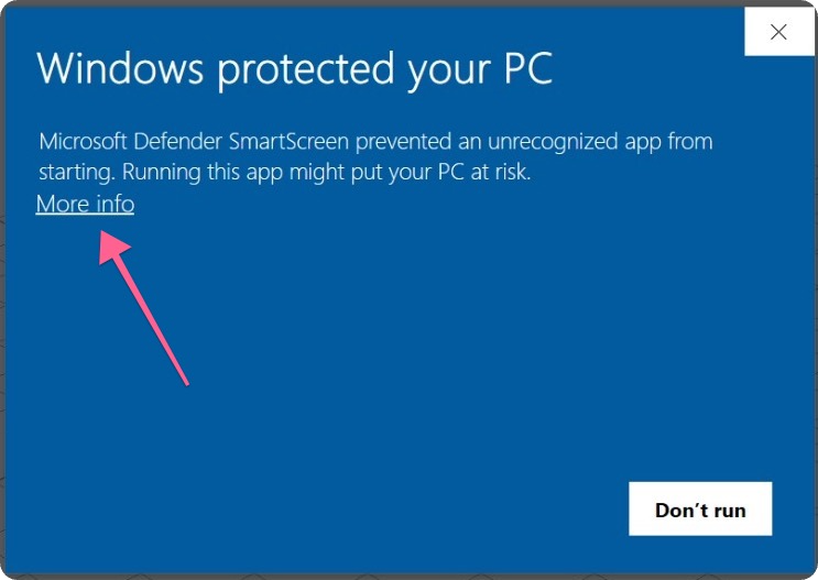 Windows SmartScreen dialog reading &ldquo;Windows protected your PC&rdquo;, with an arrow pointing to the More info link